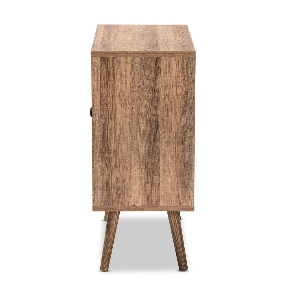 Baxton Studio Yuna Mid-Century Modern Transitional Natural Brown Finished Wood And Black Metal 2-Door Storage Cabinet