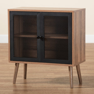 Baxton Studio Yuna Mid-Century Modern Transitional Natural Brown Finished Wood And Black Metal 2-Door Storage Cabinet