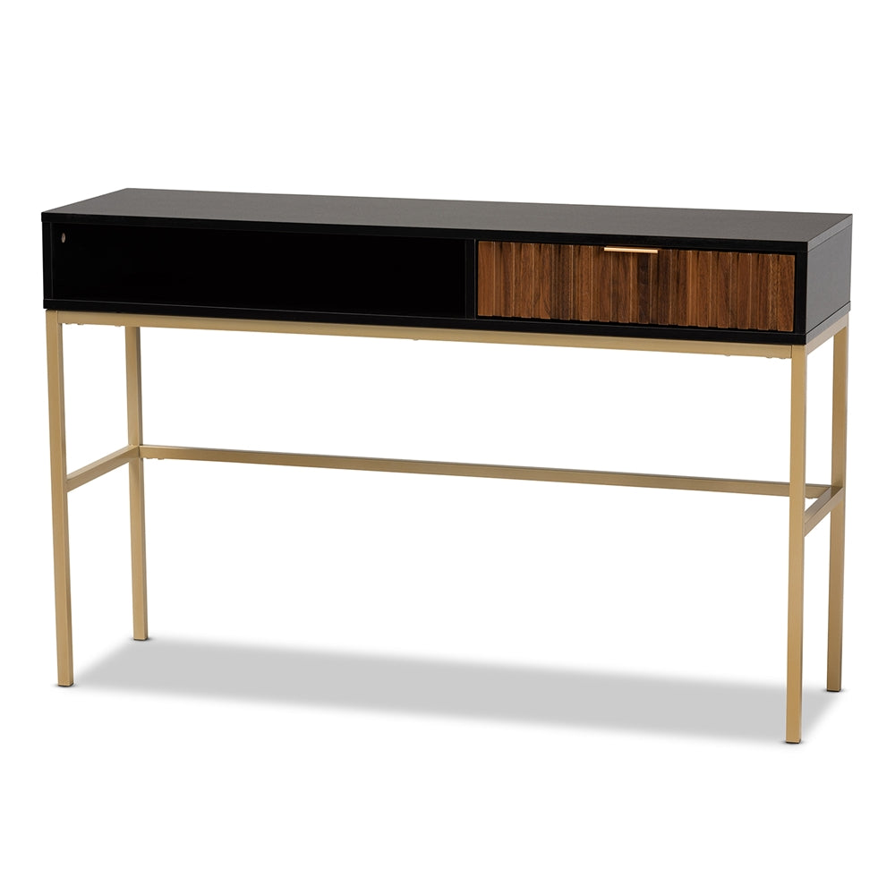 Baxton Studio Uriel Mid-Century Modern Transitional Two-Tone Natural Brown And Black Finished Wood And Brushed Gold Metal 1-Drawer Console Table