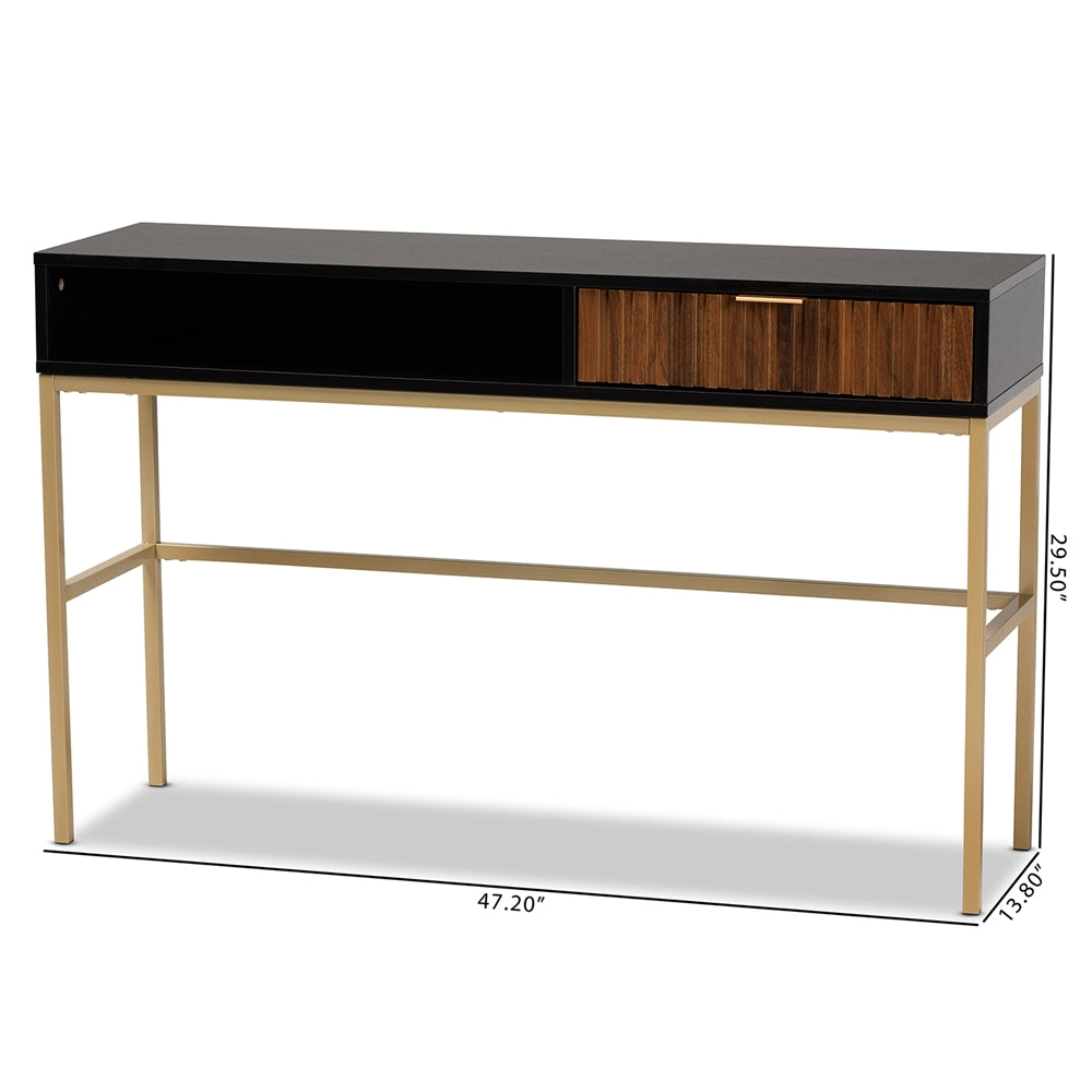 Baxton Studio Uriel Mid-Century Modern Transitional Two-Tone Natural Brown And Black Finished Wood And Brushed Gold Metal 1-Drawer Console Table