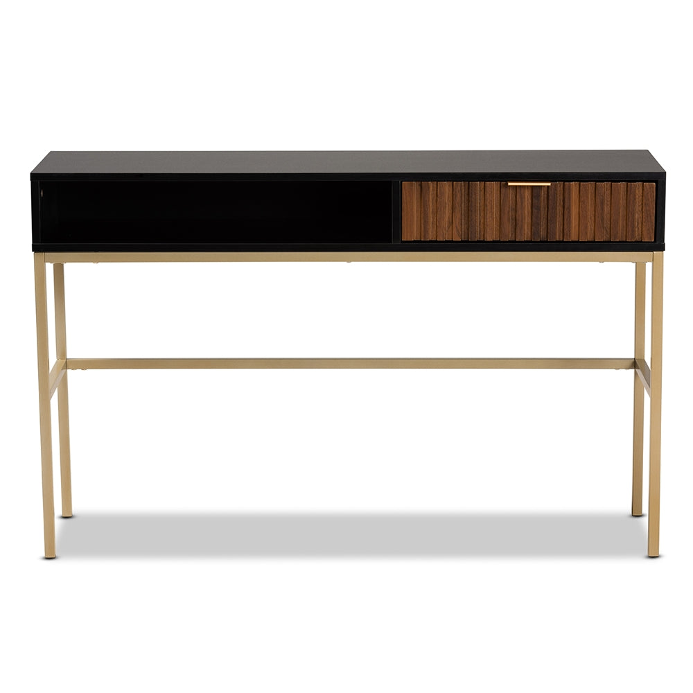 Baxton Studio Uriel Mid-Century Modern Transitional Two-Tone Natural Brown And Black Finished Wood And Brushed Gold Metal 1-Drawer Console Table