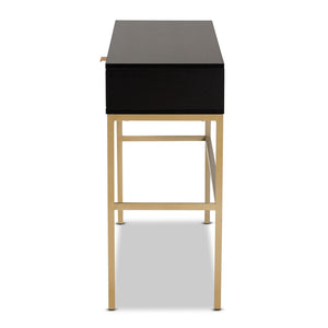 Baxton Studio Uriel Mid-Century Modern Transitional Two-Tone Natural Brown And Black Finished Wood And Brushed Gold Metal 1-Drawer Console Table