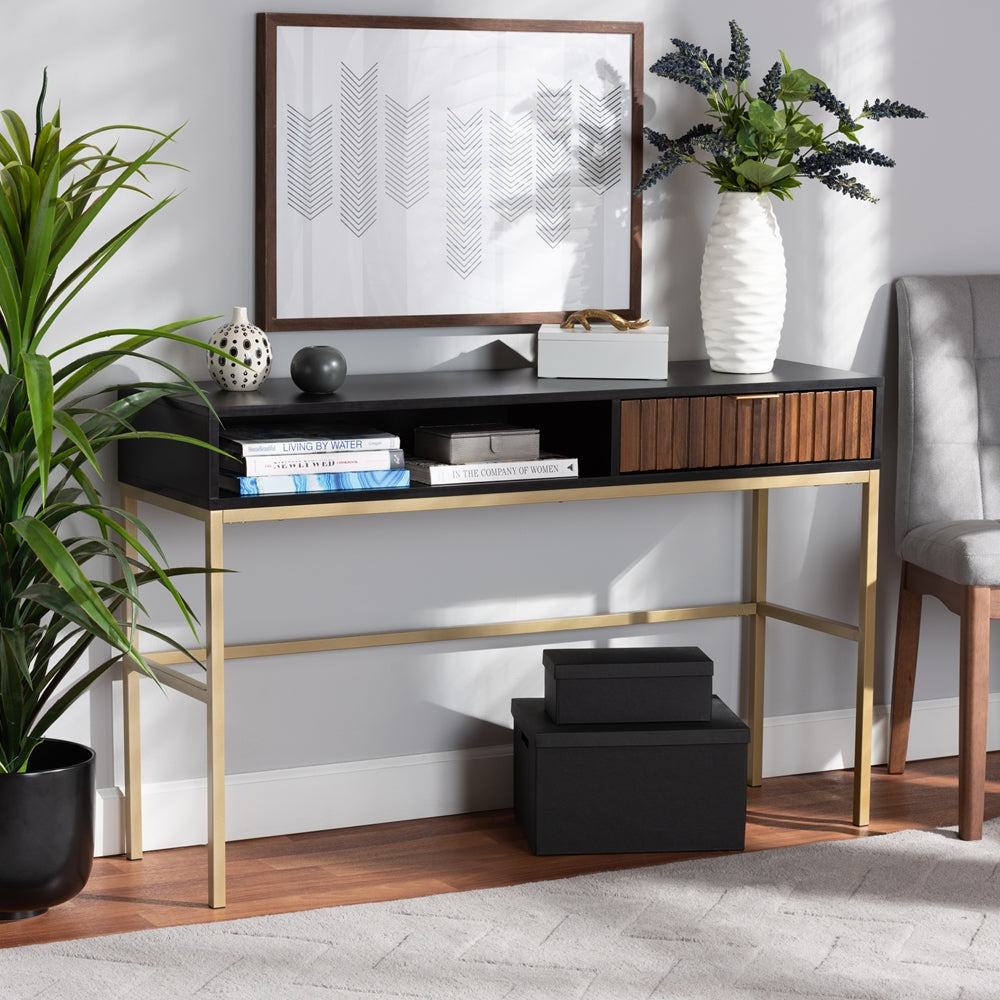 BAXTON STUDIO URIEL MID-CENTURY MODERN TRANSITIONAL TWO-TONE NATURAL BROWN AND BLACK FINISHED WOOD AND BRUSHED GOLD METAL 1-DRAWER CONSOLE TABLE