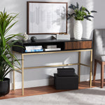 Load image into Gallery viewer, BAXTON STUDIO URIEL MID-CENTURY MODERN TRANSITIONAL TWO-TONE NATURAL BROWN AND BLACK FINISHED WOOD AND BRUSHED GOLD METAL 1-DRAWER CONSOLE TABLE
