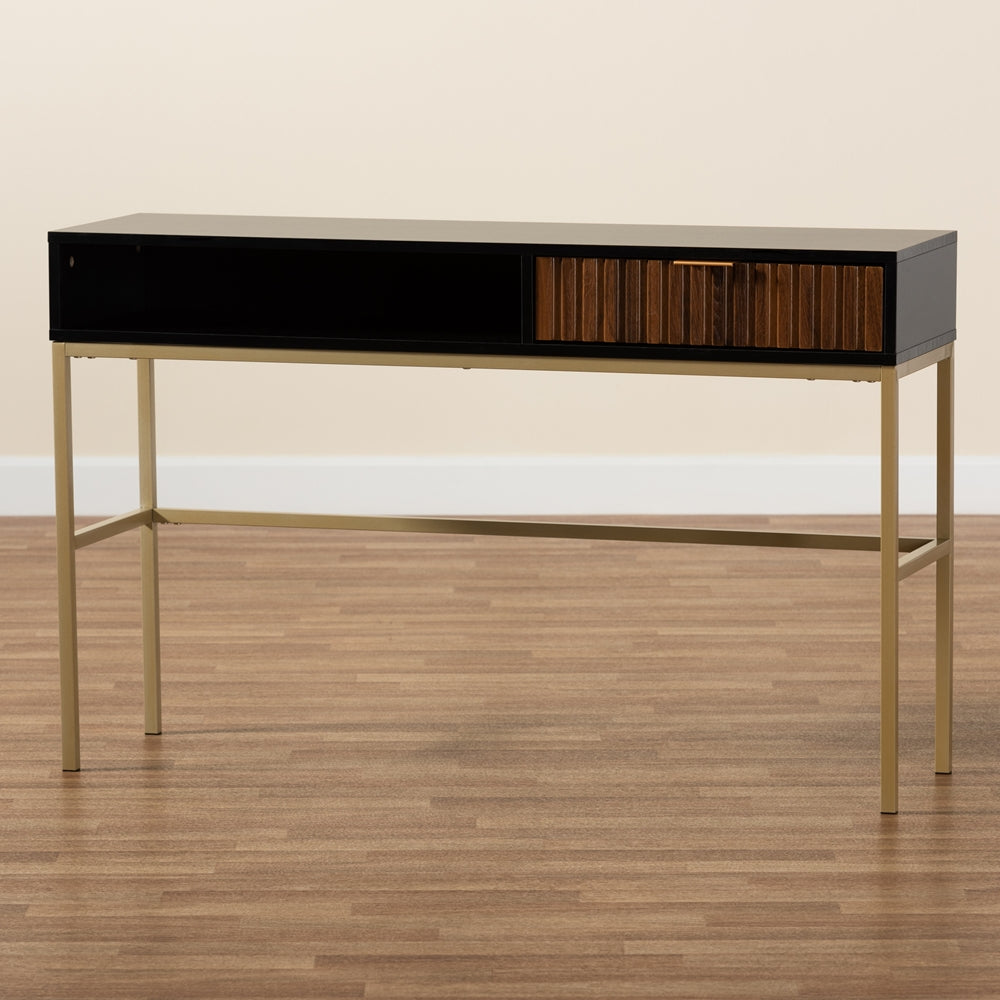 Baxton Studio Uriel Mid-Century Modern Transitional Two-Tone Natural Brown And Black Finished Wood And Brushed Gold Metal 1-Drawer Console Table