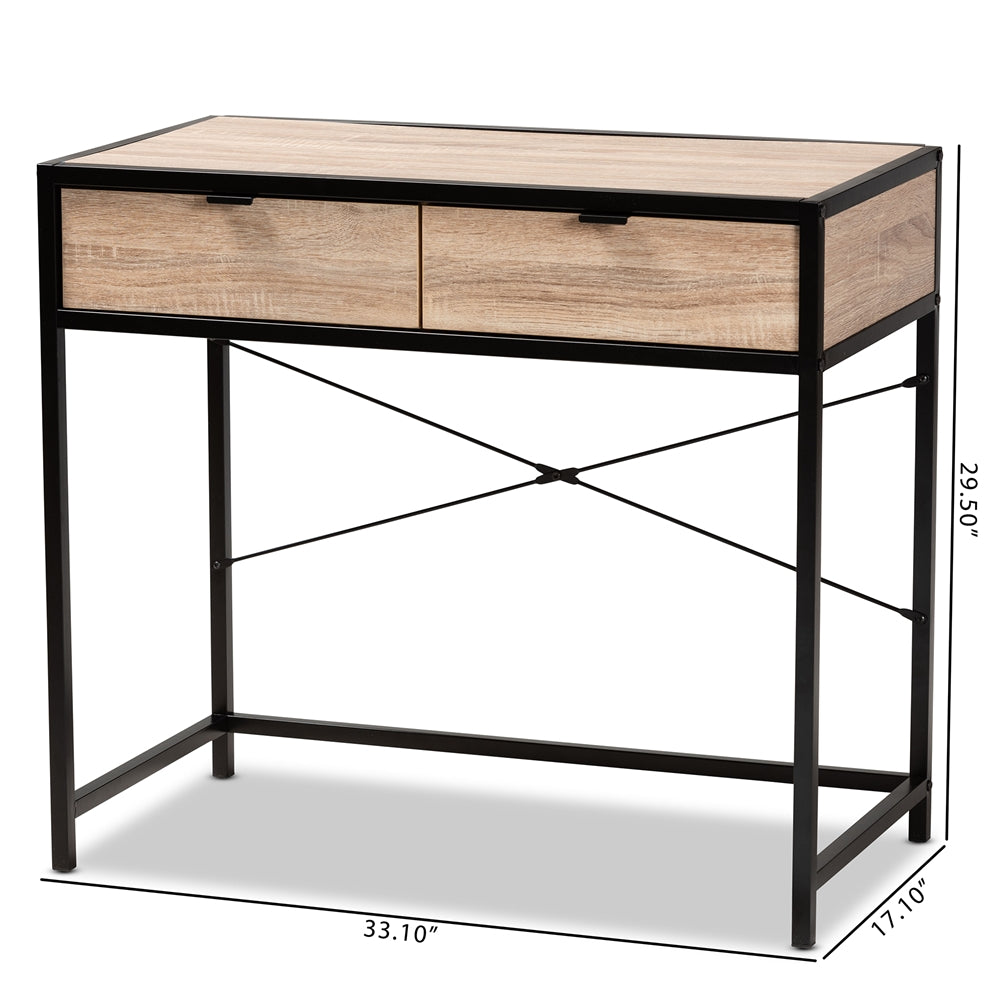 Baxton Studio Grayer Modern Industrial Natural Brown Finished Wood And Black Metal 2-Drawer Desk