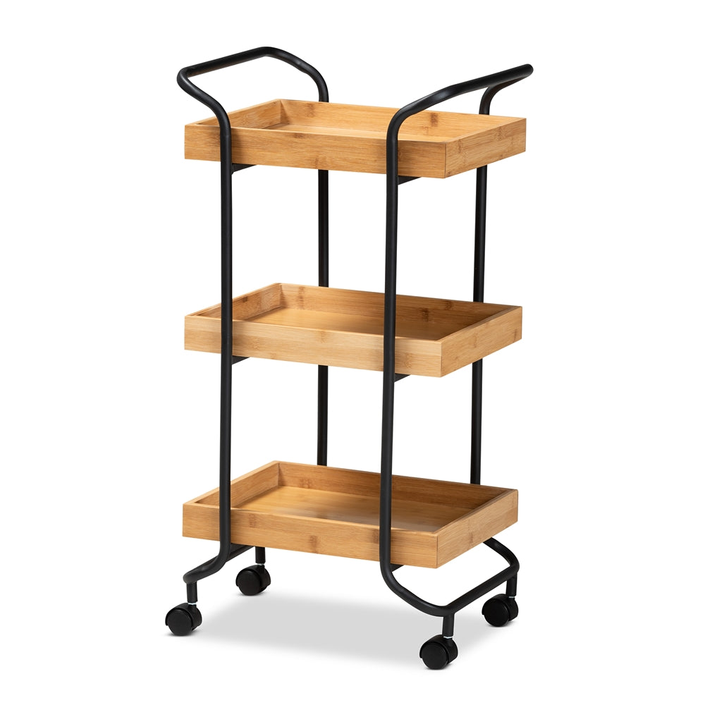 Baxton Studio Baxter Modern And Contemporary Oak Brown Finished Wood And Black Metal 3-Tier Mobile Kitchen Cart