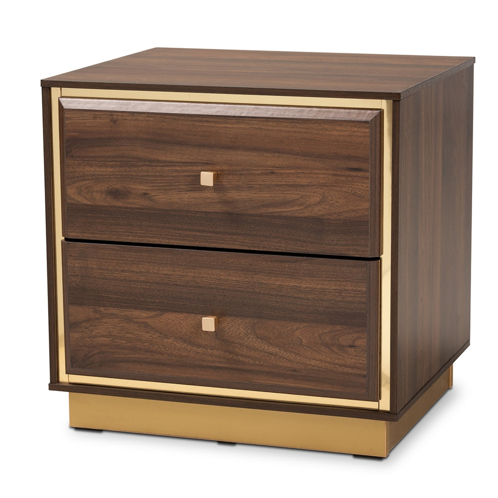 Baxton Studio Cormac Mid-Century Modern Transitional Walnut Brown Finished Wood And Gold Metal 2-Drawer Nightstand