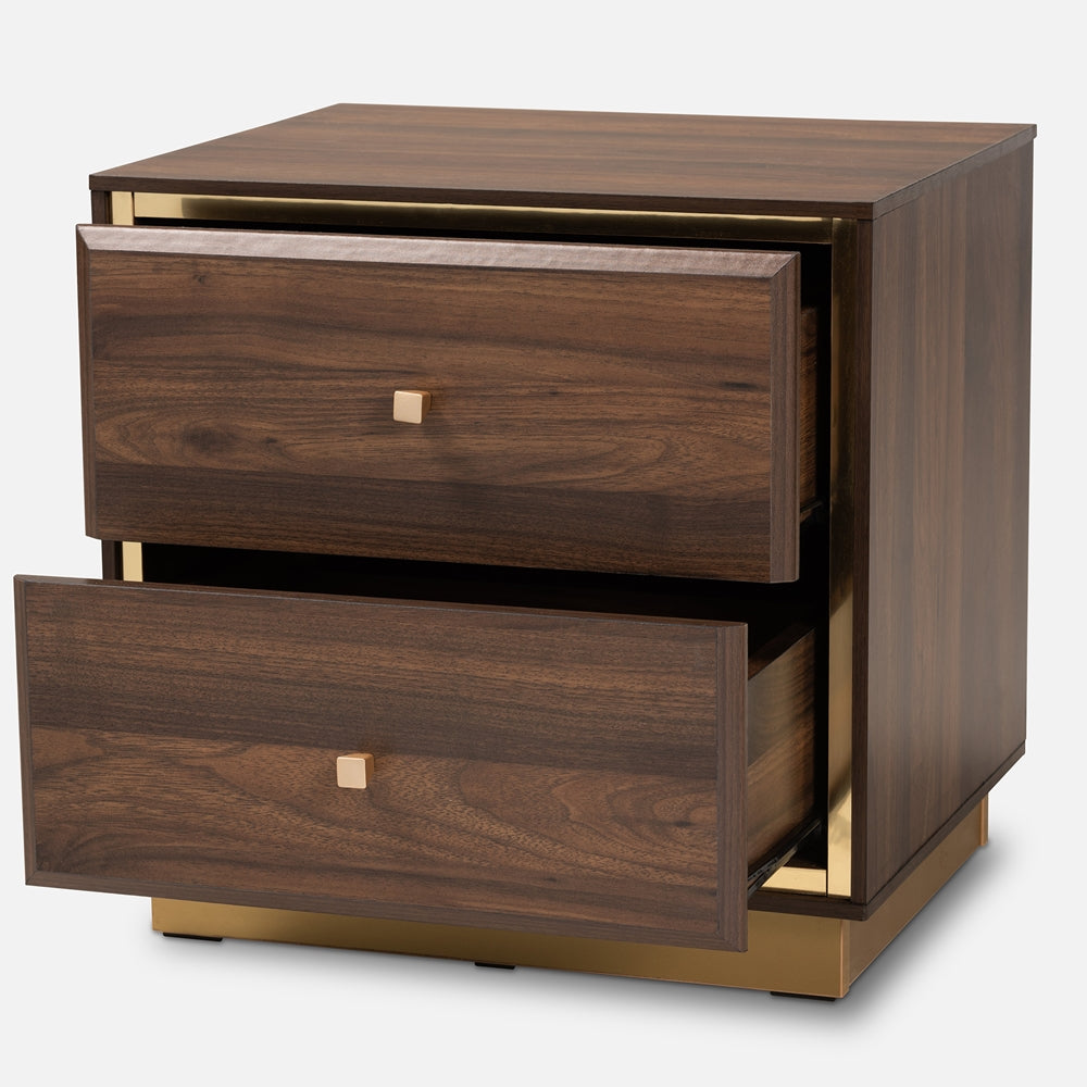 Baxton Studio Cormac Mid-Century Modern Transitional Walnut Brown Finished Wood And Gold Metal 2-Drawer Nightstand