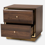 Load image into Gallery viewer, Baxton Studio Cormac Mid-Century Modern Transitional Walnut Brown Finished Wood And Gold Metal 2-Drawer Nightstand
