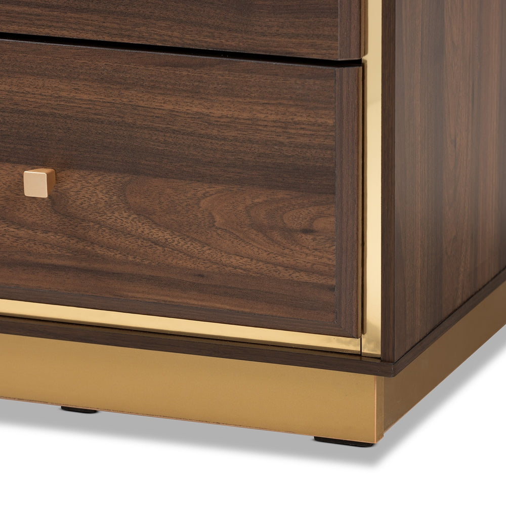 Baxton Studio Cormac Mid-Century Modern Transitional Walnut Brown Finished Wood And Gold Metal 2-Drawer Nightstand