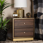 Load image into Gallery viewer, Baxton Studio Cormac Mid-Century Modern Transitional Walnut Brown Finished Wood And Gold Metal 2-Drawer Nightstand
