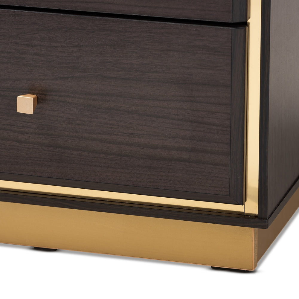 Baxton Studio Cormac Mid-Century Modern Transitional Dark Brown Finished Wood And Gold Metal 2-Drawer Nightstand