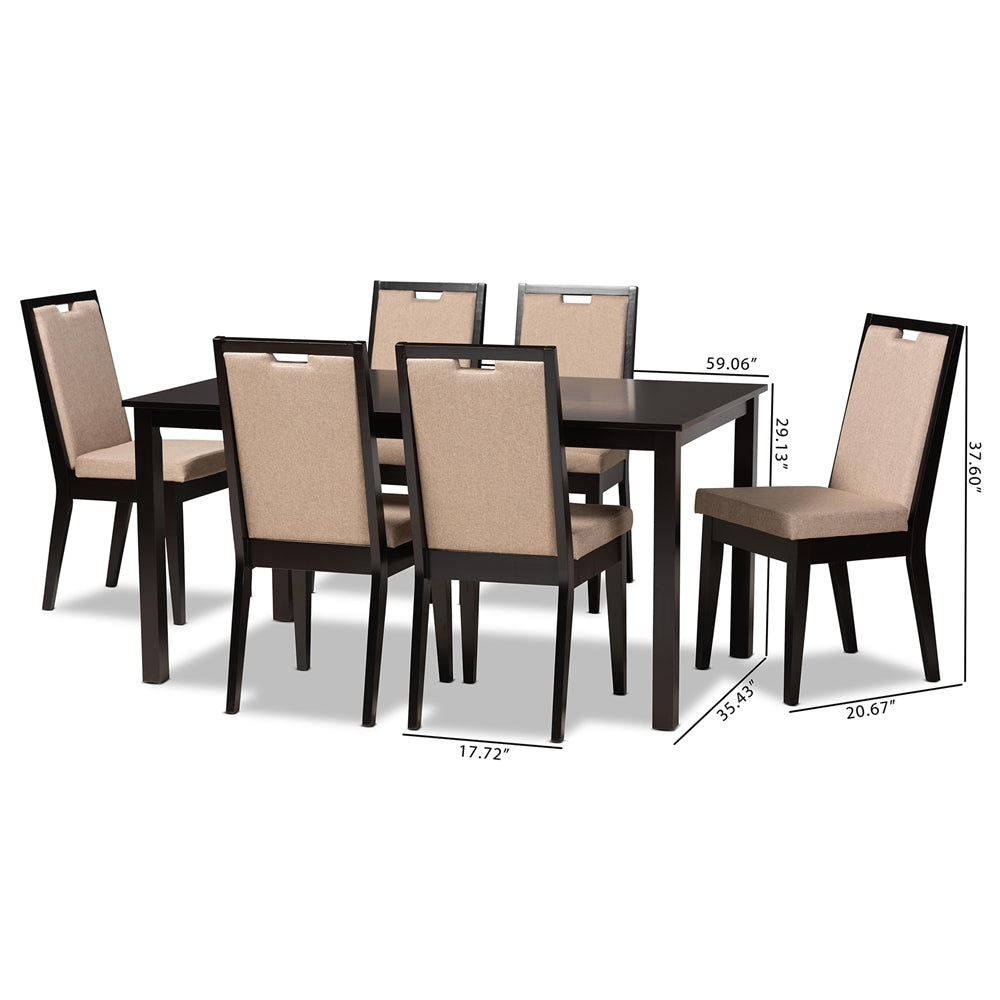 Baxton Studio Rosa Modern And Contemporary Sand Fabric Upholstered And Dark Brown Finished Wood 7-Piece Dining Set