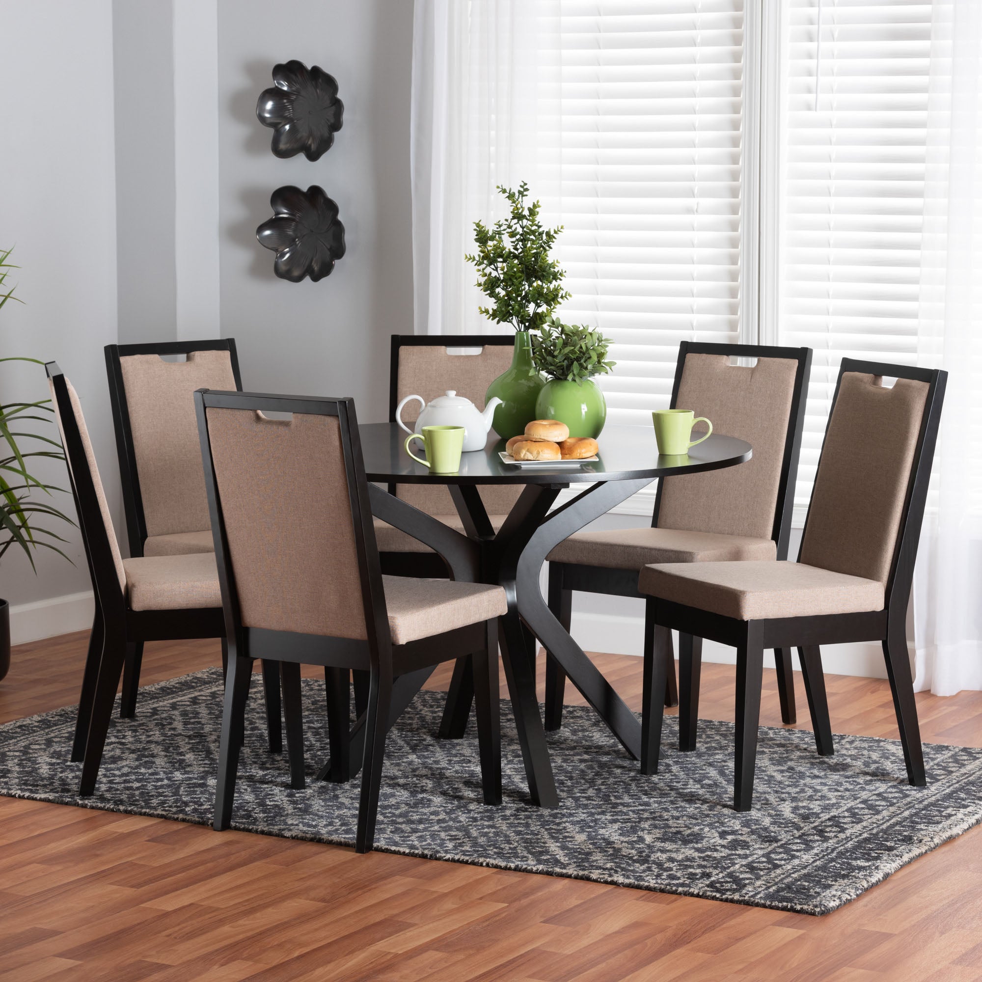 Baxton Studio Eira Modern Sand Fabric And Dark Brown Finished Wood 7-Piece Dining Set