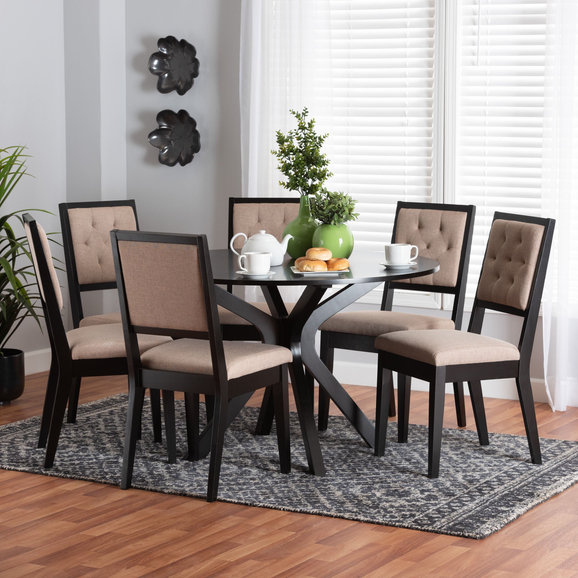 Baxton Studio Mana Modern Sand Fabric And Dark Brown Finished Wood 7-Piece Dining Set