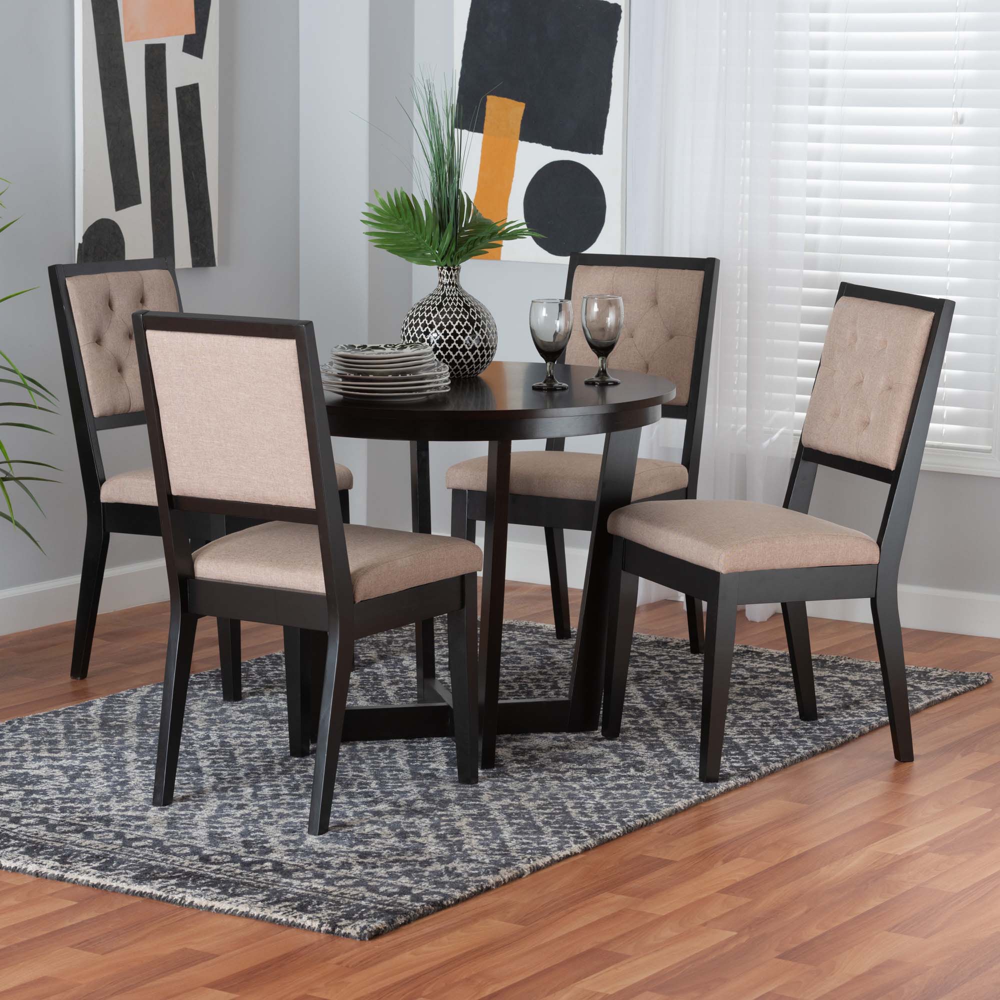 Baxton Studio Kala Modern Beige Fabric And Dark Brown Finished Wood 5-Piece Dining Set