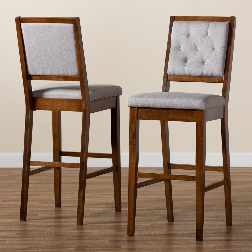 Baxton Studio Gideon Modern And Contemporary Grey Fabric Upholstered And Walnut Brown Finished Wood 2-Piece Bar Stool Set