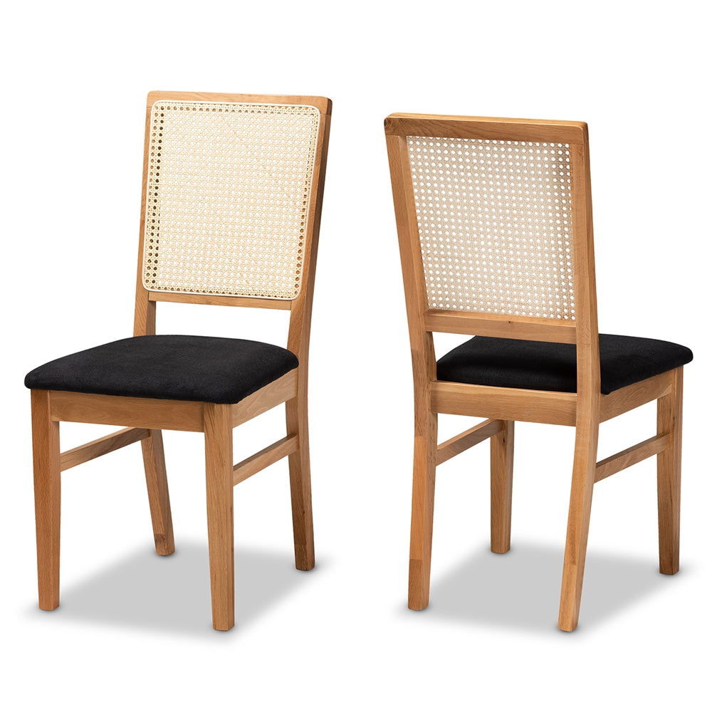 Baxton Studio Idris Mid-Century Modern Black Fabric Upholstered And Oak Brown Finished 2-Piece Rattan Dining Chair Set