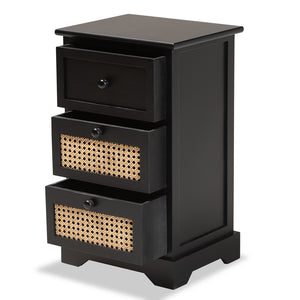 Baxton Studio Dacey Mid-Century Modern Transitional Espresso Brown Finished Wood And Rattan 3-Drawer Storage Cabinet