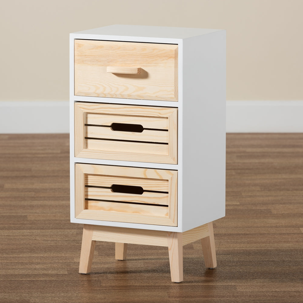 Baxton Studio Kalida Mid-Century Modern Two-Tone White And Oak Brown Finished Wood 3-Drawer Storage Cabinet