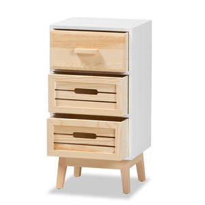 Baxton Studio Kalida Mid-Century Modern Two-Tone White And Oak Brown Finished Wood 3-Drawer Storage Cabinet