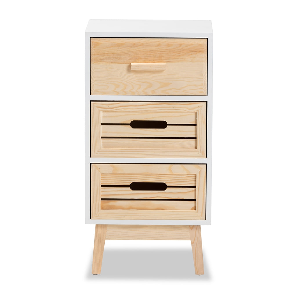 Baxton Studio Kalida Mid-Century Modern Two-Tone White And Oak Brown Finished Wood 3-Drawer Storage Cabinet