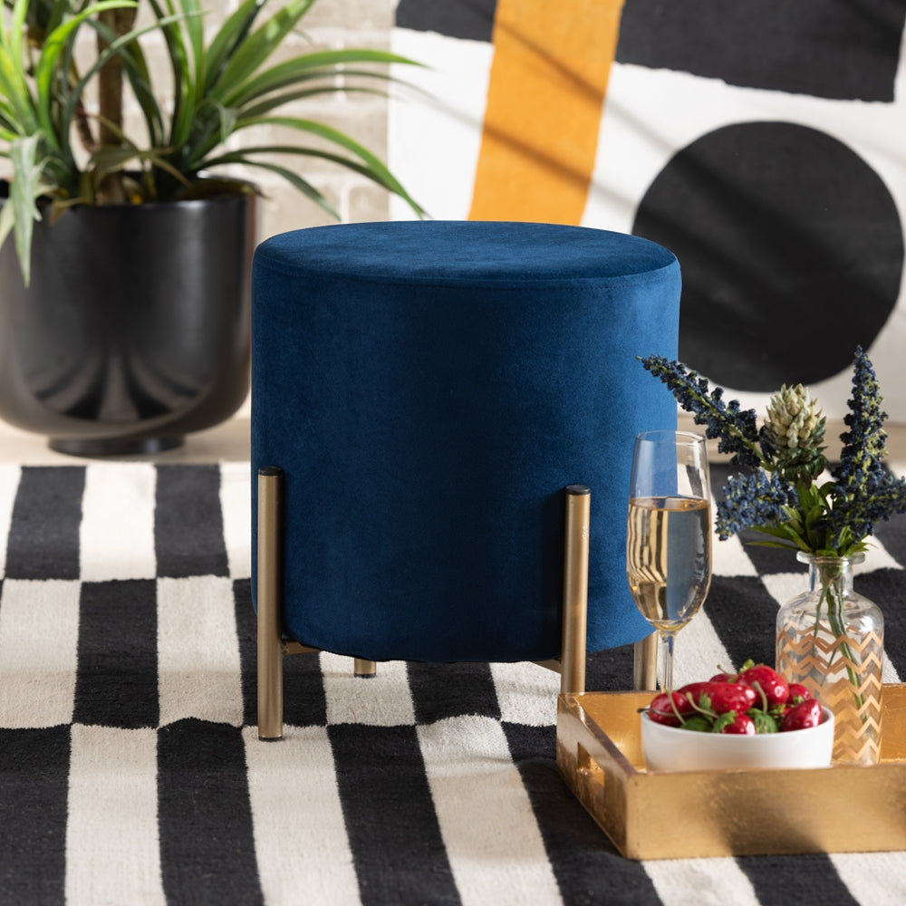 Baxton Studio Thurman Contemporary Glam And Luxe Navy Blue Velvet Fabric Upholstered And Gold Finished Metal Ottoman