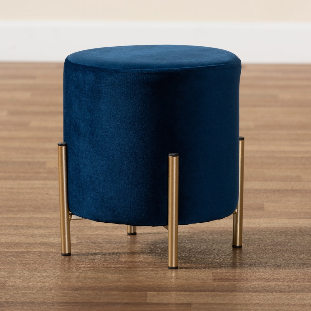 Baxton Studio Thurman Contemporary Glam And Luxe Navy Blue Velvet Fabric Upholstered And Gold Finished Metal Ottoman