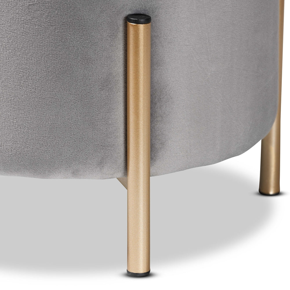 Baxton Studio Thurman Contemporary Glam And Luxe Grey Velvet Fabric Upholstered And Gold Finished Metal Ottoman