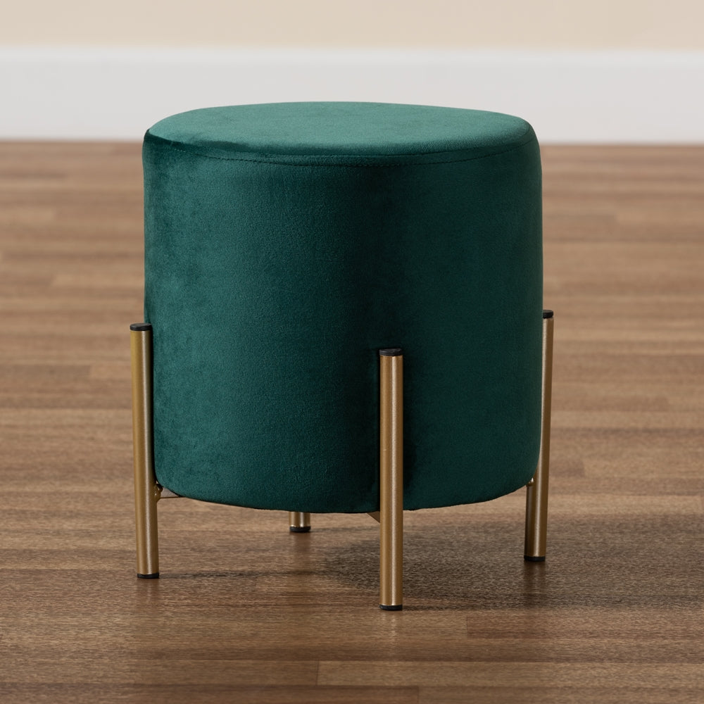 Baxton Studio Thurman Contemporary Glam And Luxe Green Velvet Fabric Upholstered And Gold Finished Metal Ottoman