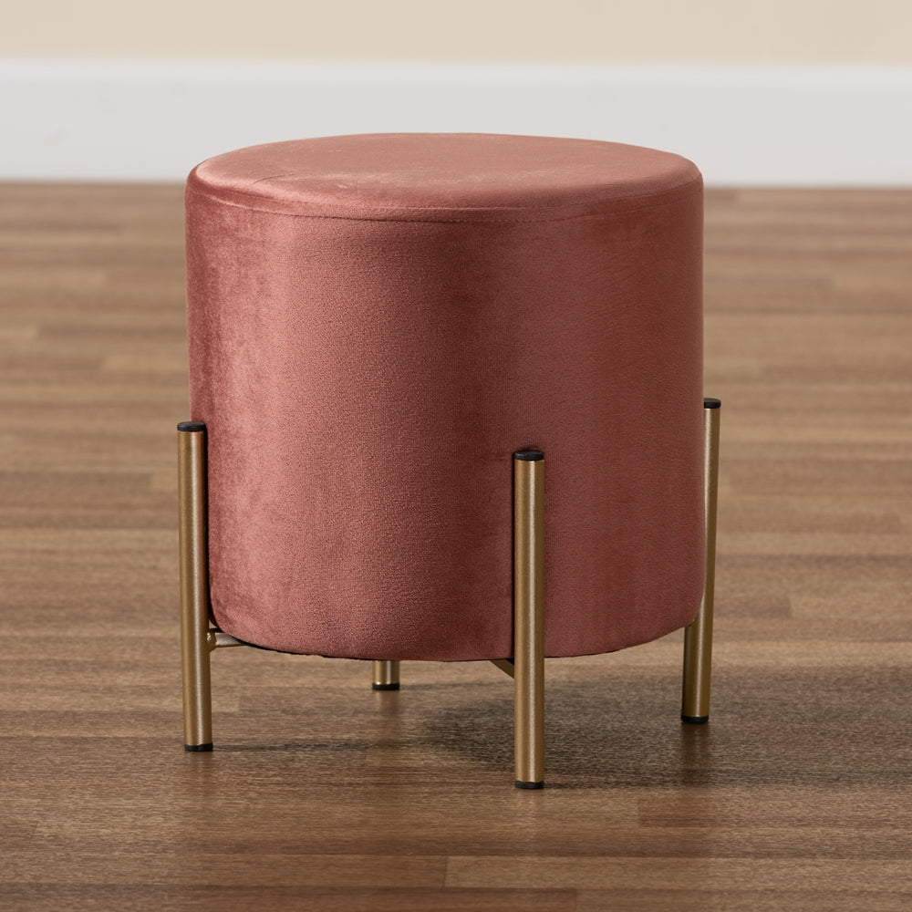 Baxton Studio Thurman Contemporary Glam And Luxe Pink Velvet Fabric Upholstered And Gold Finished Metal Ottoman