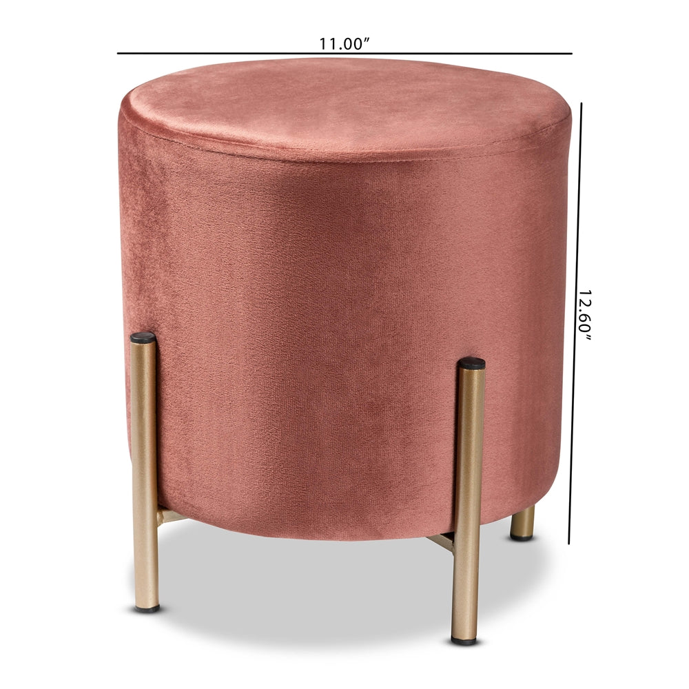 Baxton Studio Thurman Contemporary Glam And Luxe Pink Velvet Fabric Upholstered And Gold Finished Metal Ottoman