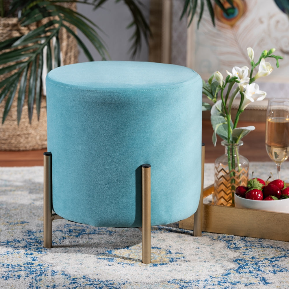 Baxton Studio Thurman Contemporary Glam And Luxe Sky Blue Velvet Fabric Upholstered And Gold Finished Metal Ottoman