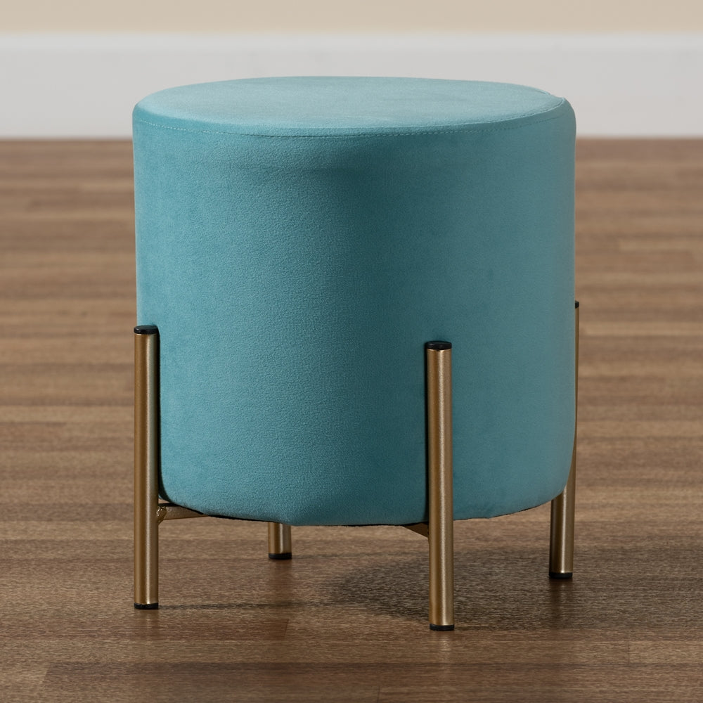 Baxton Studio Thurman Contemporary Glam And Luxe Sky Blue Velvet Fabric Upholstered And Gold Finished Metal Ottoman