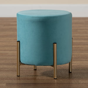 Baxton Studio Thurman Contemporary Glam And Luxe Sky Blue Velvet Fabric Upholstered And Gold Finished Metal Ottoman