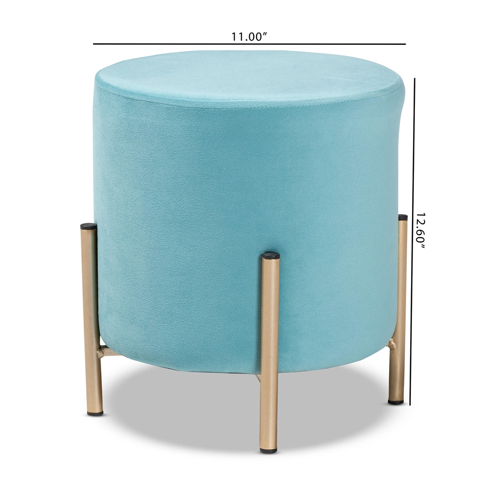 Baxton Studio Thurman Contemporary Glam And Luxe Sky Blue Velvet Fabric Upholstered And Gold Finished Metal Ottoman