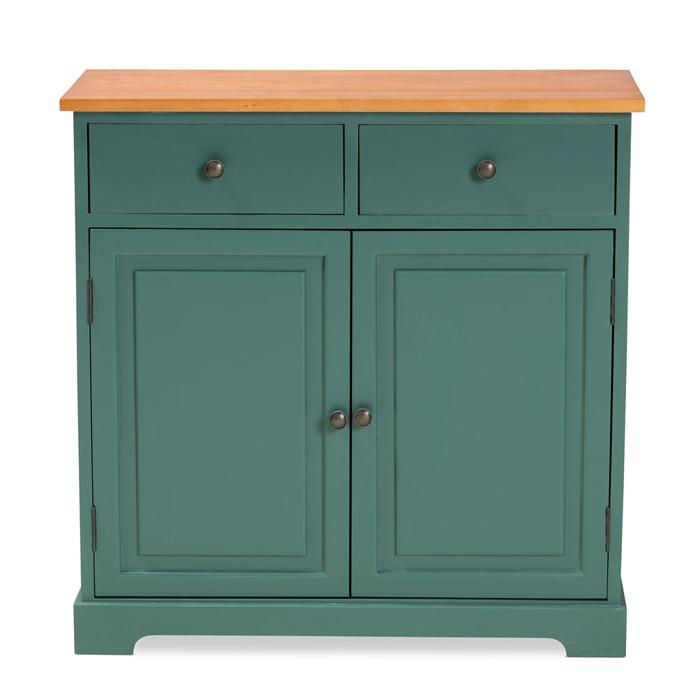 Baxton Studio Garner Modern And Contemporary Two-Tone Turquoise And Oak Brown Finished Wood 2-Drawer Kitchen Cabinet