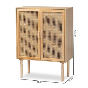 Baxton Studio Maclean Mid-Century Modern Rattan And Natural Brown Finished Wood 2-Door Storage Cabinet