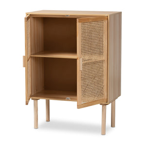 Baxton Studio Maclean Mid-Century Modern Rattan And Natural Brown Finished Wood 2-Door Storage Cabinet