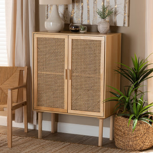 BAXTON STUDIO MACLEAN MID-CENTURY MODERN RATTAN AND NATURAL BROWN FINISHED WOOD 2-DOOR STORAGE CABINET