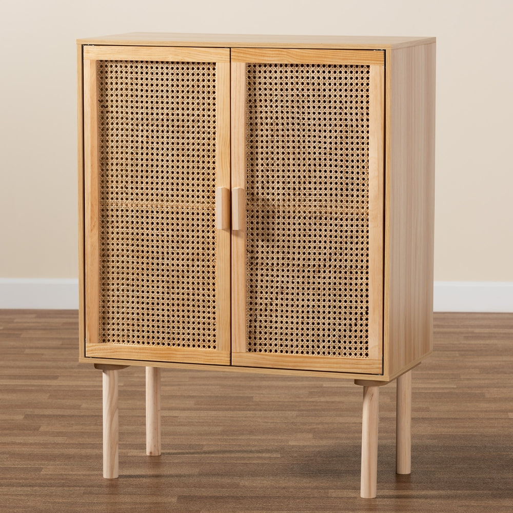 Baxton Studio Maclean Mid-Century Modern Rattan And Natural Brown Finished Wood 2-Door Storage Cabinet