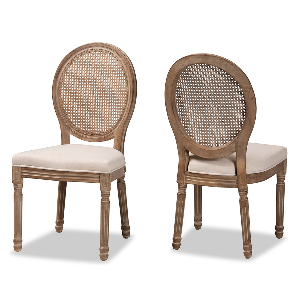 Baxton Studio Louis Traditional French Inspired Beige Fabric Upholstered And Antique Brown Finished Wood 2-Piece Dining Chair Set With Rattan