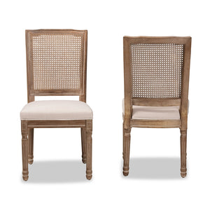 Baxton Studio Louane Traditional French Inspired Beige Fabric Upholstered And Antique Brown Finished Wood 2-Piece Dining Chair Set With Rattan