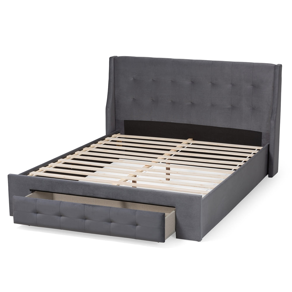 Baxton Studio Noella Modern And Contemporary Grey Velvet Fabric Upholstered Queen Size 1-Drawer Platform Storage Bed