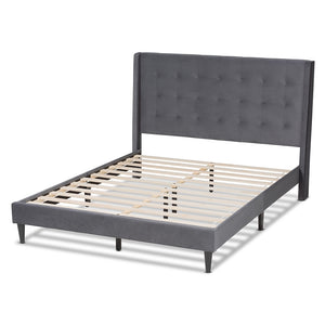 Baxton Studio Gothard Modern And Contemporary Grey Velvet Fabric Upholstered And Dark Brown Finished Wood Queen Size Platform Bed