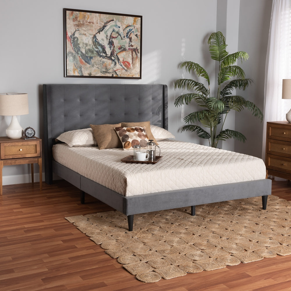 BAXTON STUDIO GOTHARD MODERN AND CONTEMPORARY GREY VELVET FABRIC UPHOLSTERED AND DARK BROWN FINISHED WOOD KING SIZE PLATFORM BED