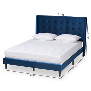 Baxton Studio Gothard Modern And Contemporary Navy Blue Velvet Fabric Upholstered And Dark Brown Finished Wood King Size Platform Bed