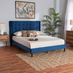 Load image into Gallery viewer, BAXTON STUDIO GOTHARD MODERN AND CONTEMPORARY NAVY BLUE VELVET FABRIC UPHOLSTERED AND DARK BROWN FINISHED WOOD QUEEN SIZE PLATFORM BED
