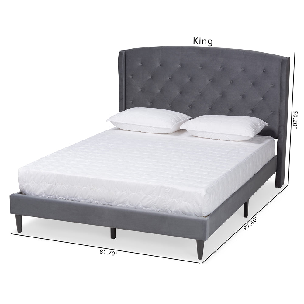 Baxton Studio Joanna Modern And Contemporay Grey Velvet Fabric Upholstered And Dark Brown Finished Wood King Size Platform Bed